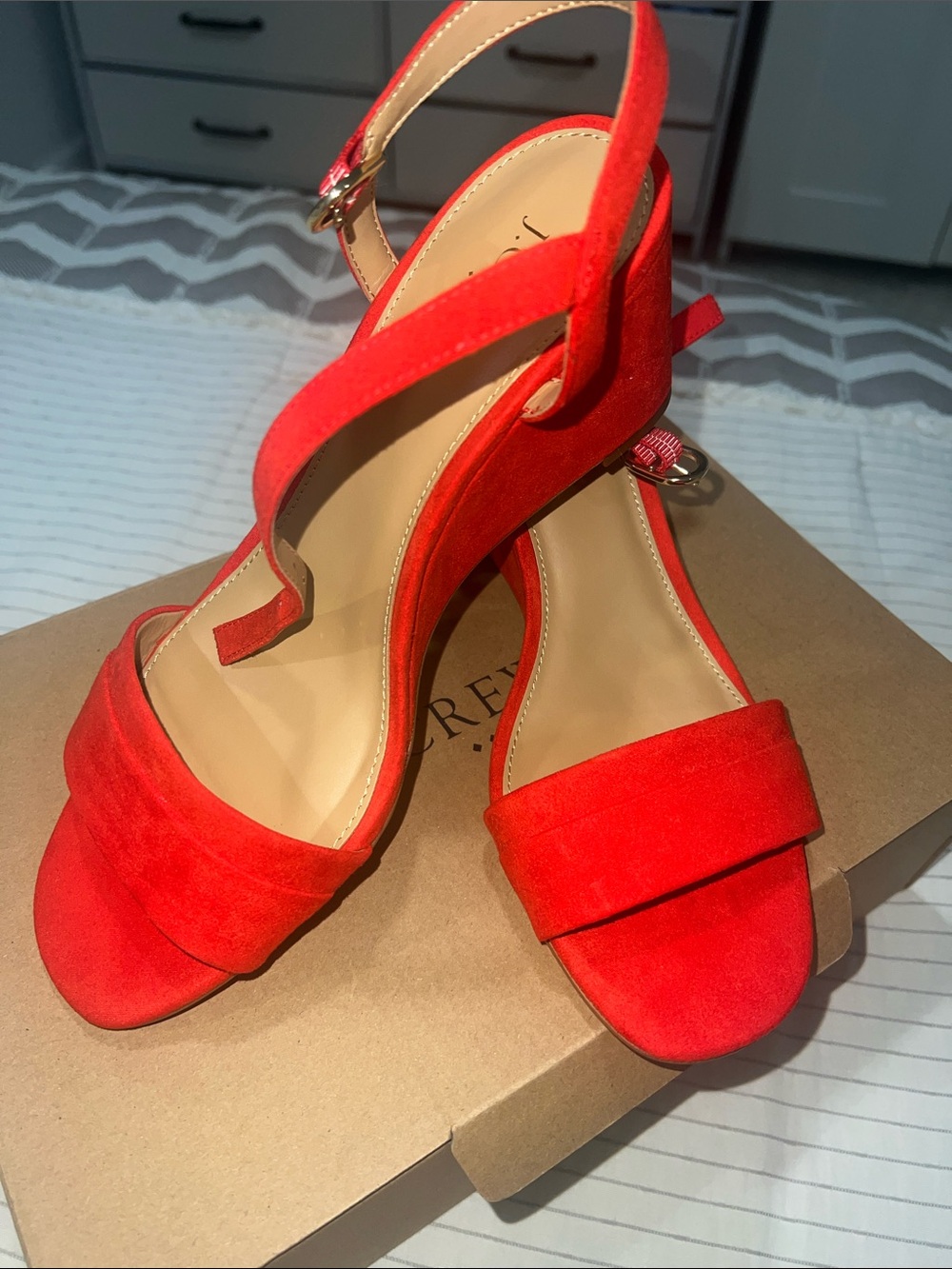 J. Crew Bright Red Suede Open-Toe Block Heels